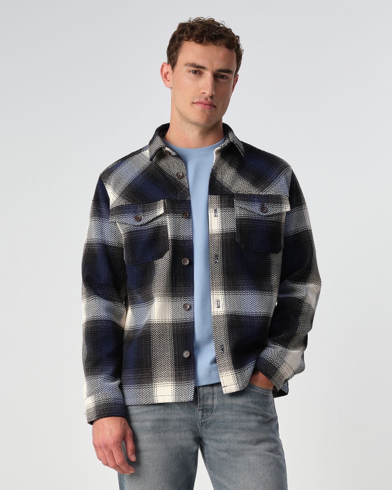 Heren Overhemdjas Geruit Blauw Wit | Flanel Look Shacket met Knopen