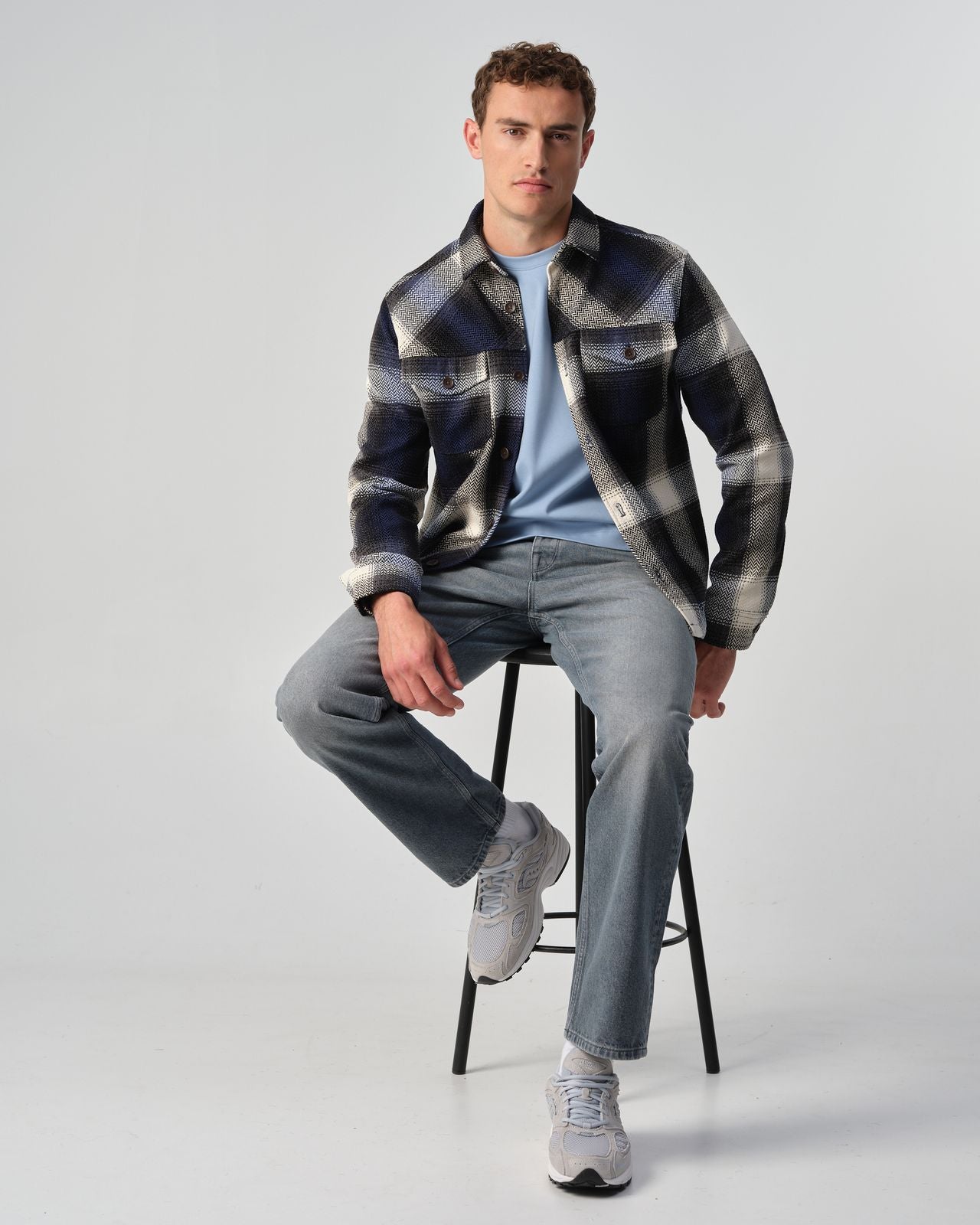 Heren Overhemdjas Geruit Blauw Wit | Flanel Look Shacket met Knopen