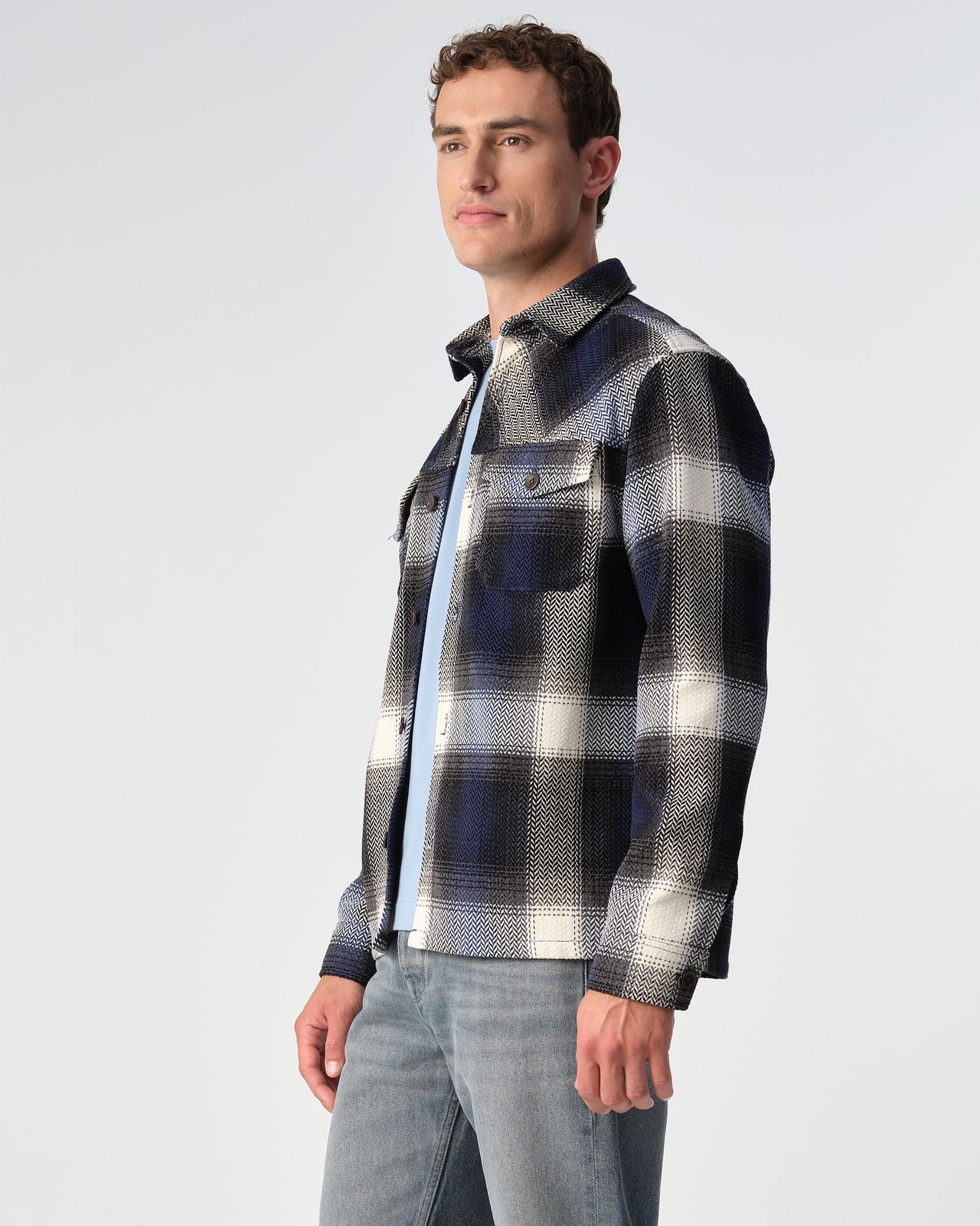 Heren Overhemdjas Geruit Blauw Wit | Flanel Look Shacket met Knopen