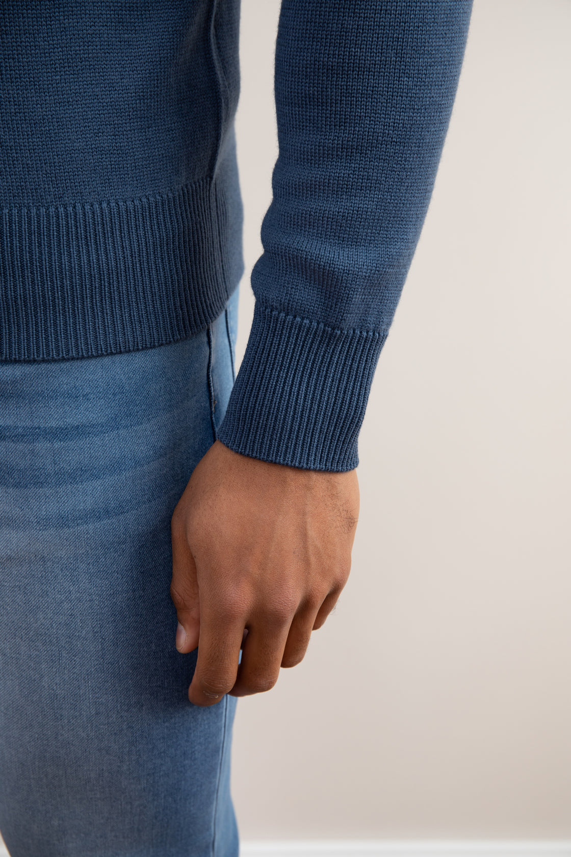 Blauwe Merino Wol Trui met Halve Rits