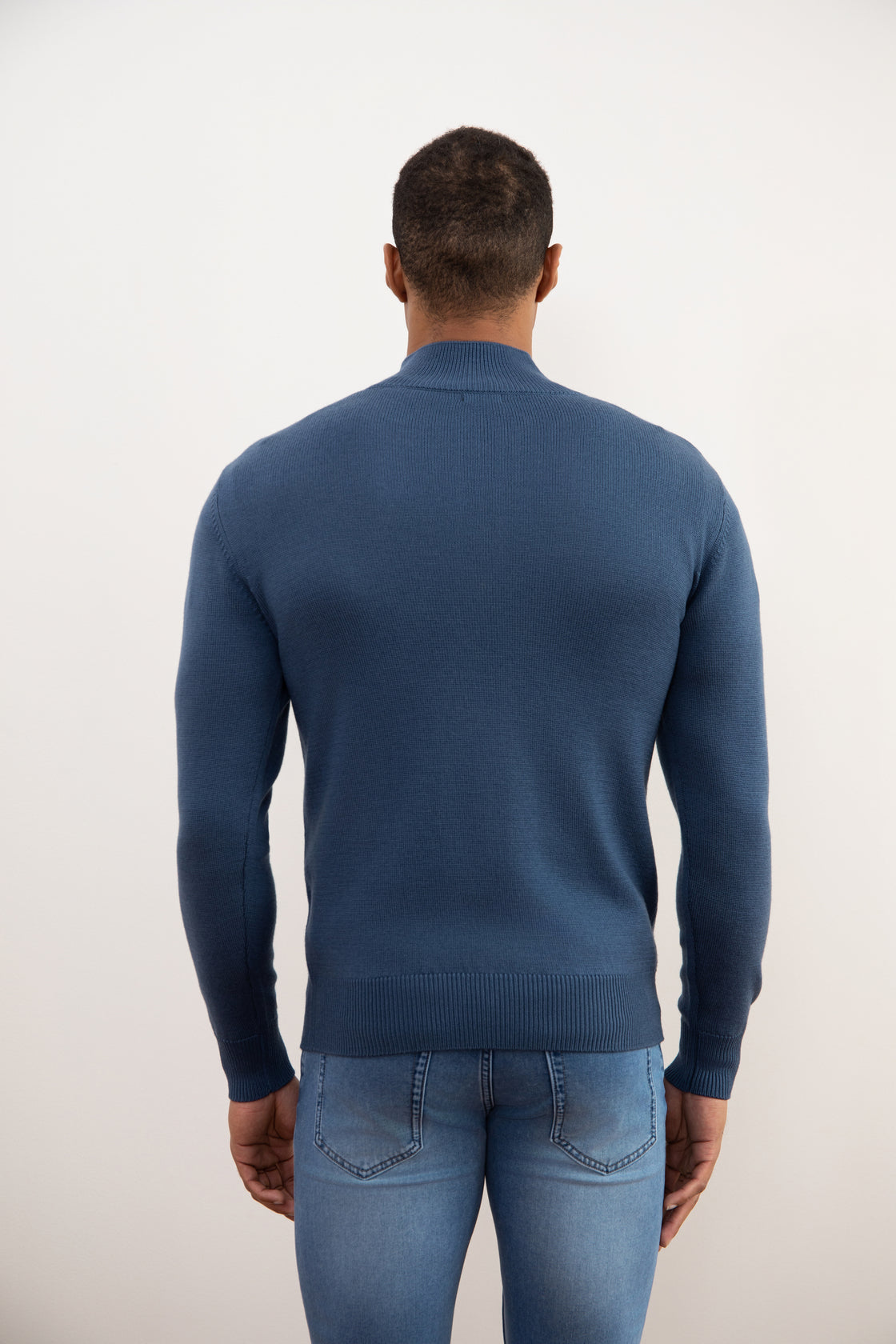 Blauwe Merino Wol Trui met Halve Rits