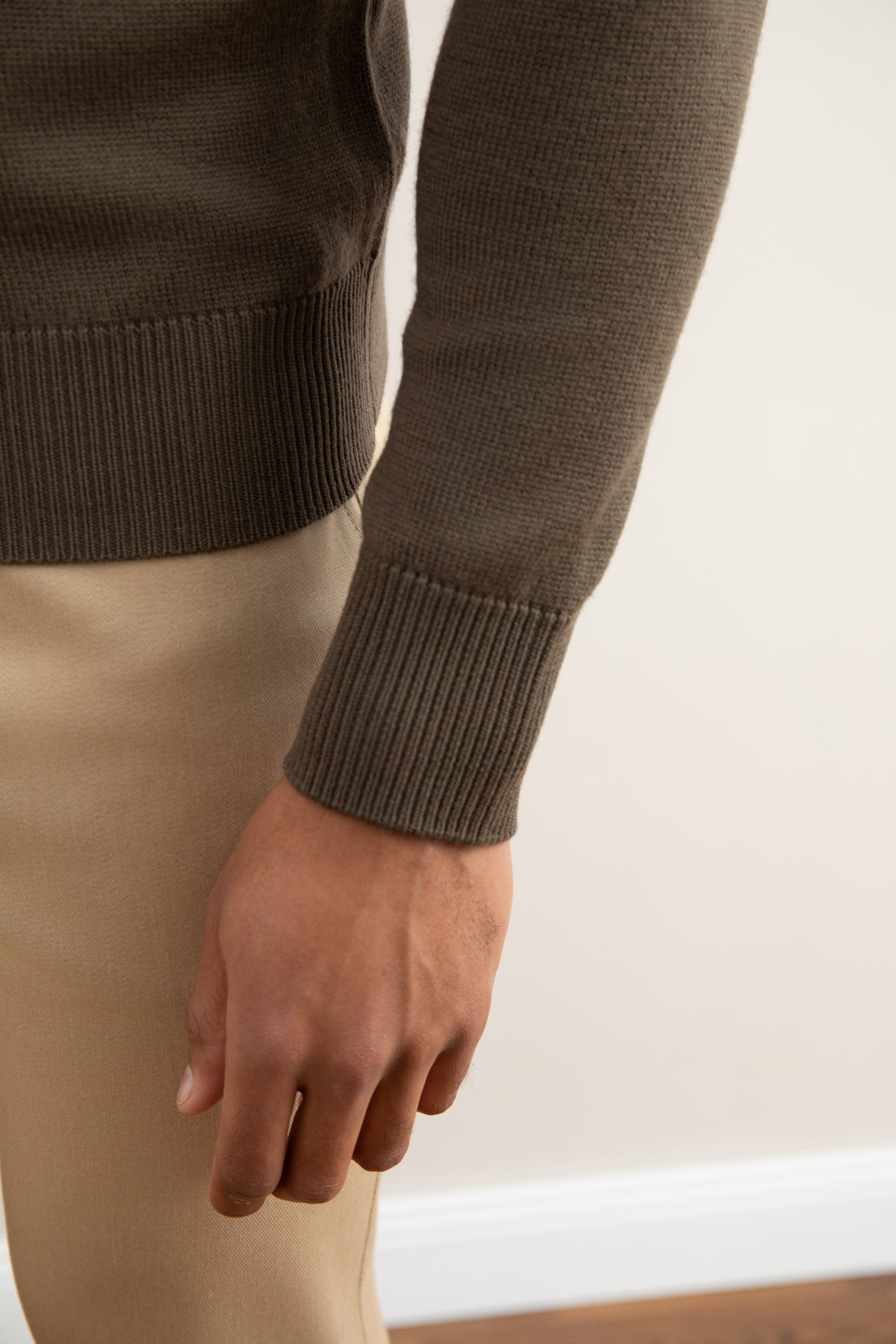 Taupe Merinowollen Trui met Halve Rits