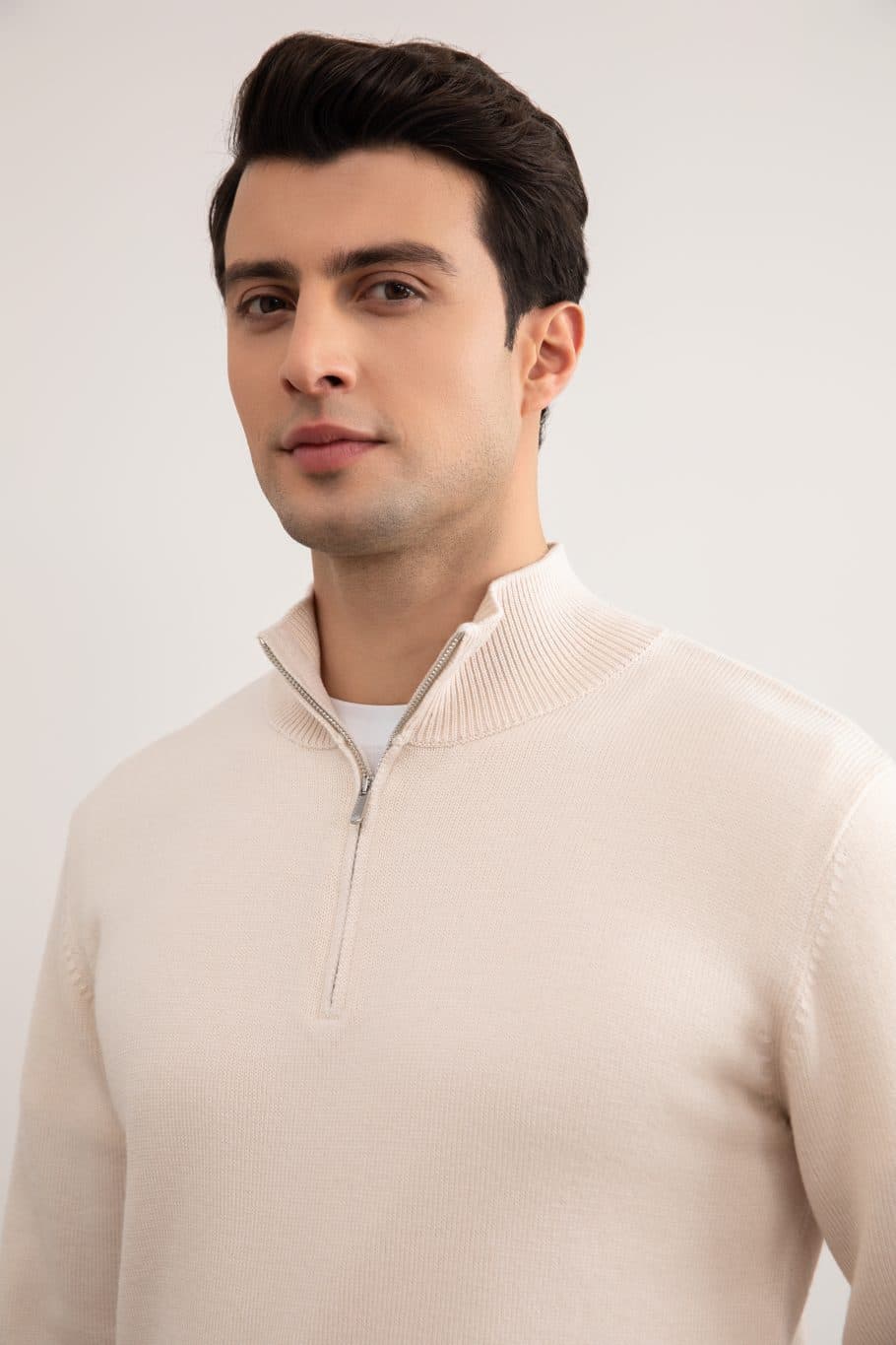 Beige Merino Wol Trui met Halve Rits