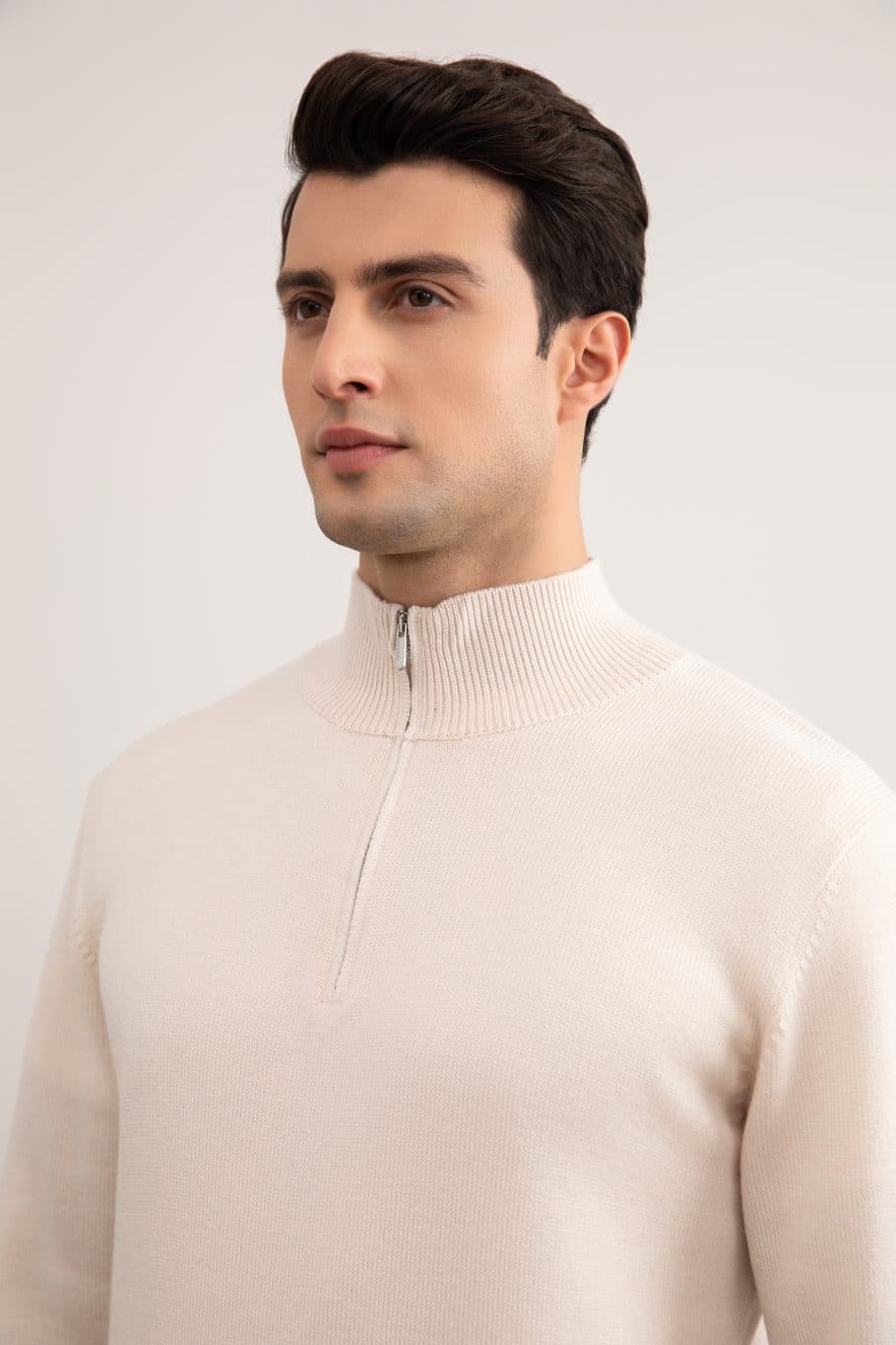 Beige Merino Wol Trui met Halve Rits