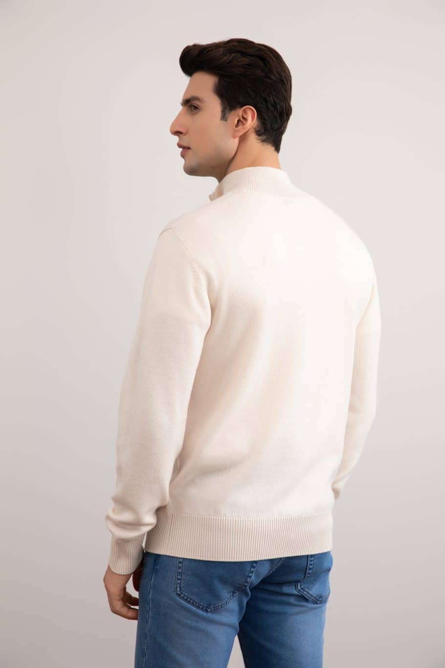 Beige Merino Wol Trui met Halve Rits