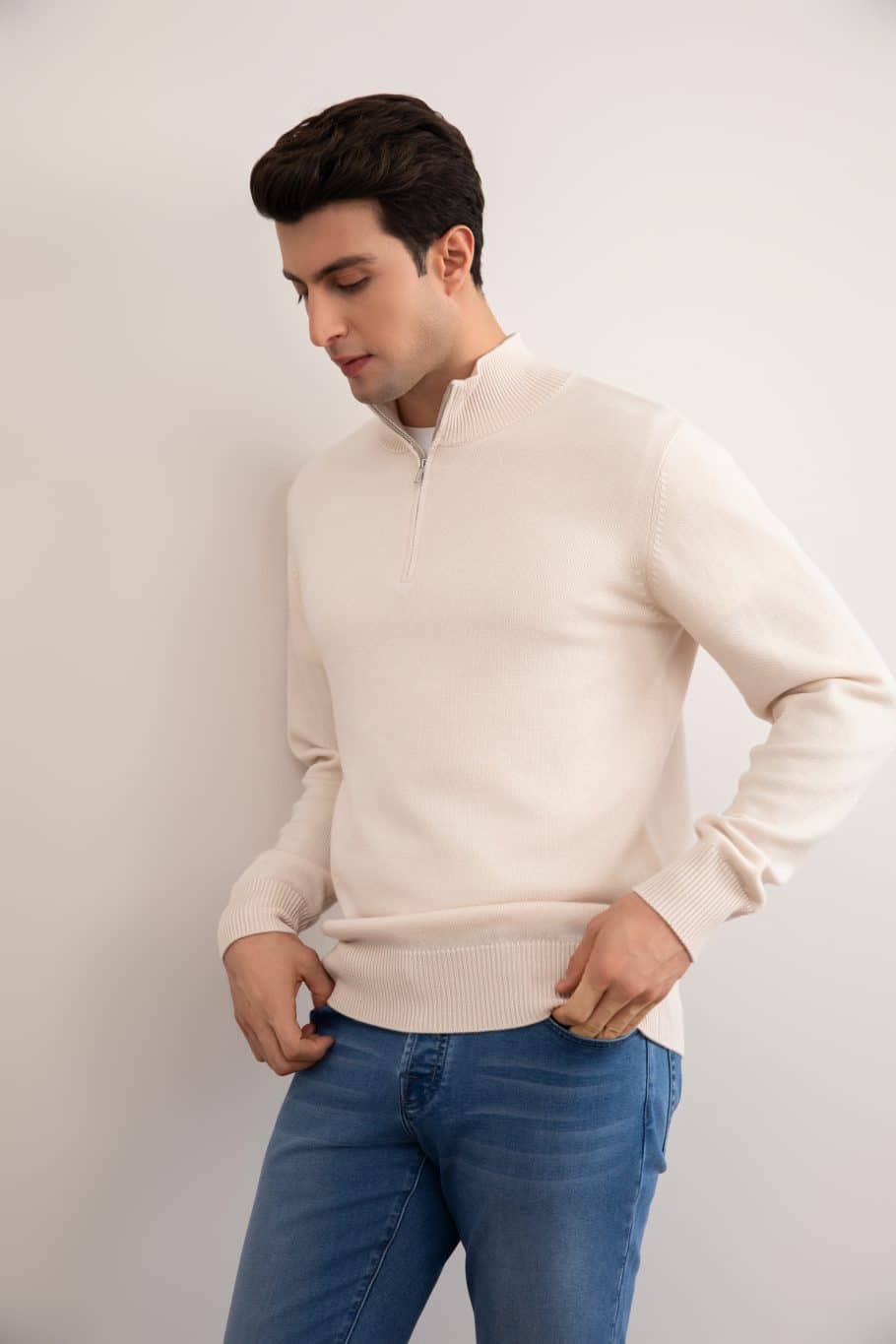 Beige Merino Wol Trui met Halve Rits