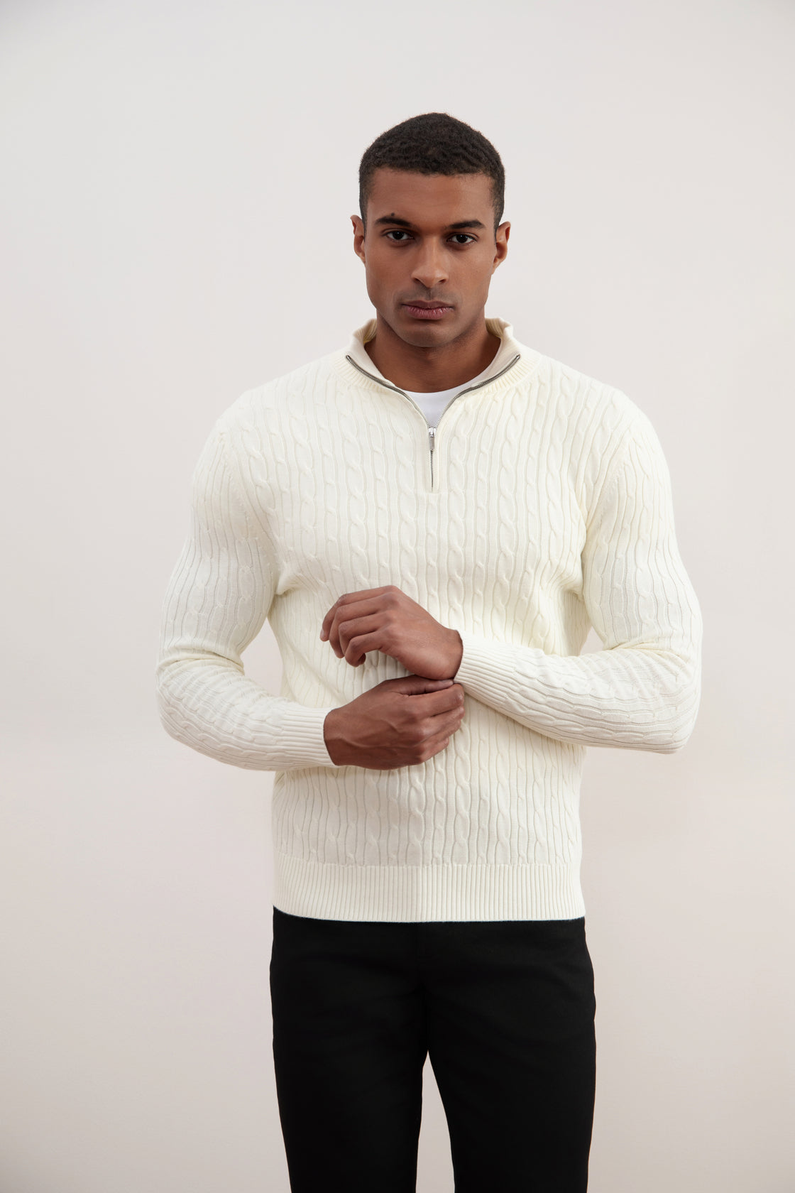 Off-White Gebreide Kabeltrui met Halve Rits
