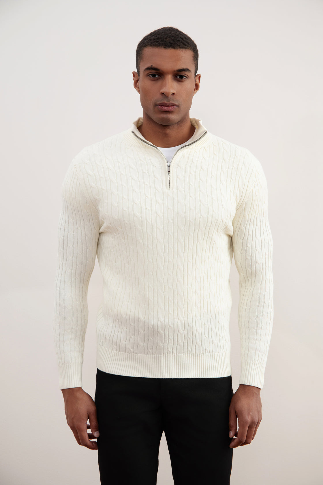 Off-White Gebreide Kabeltrui met Halve Rits
