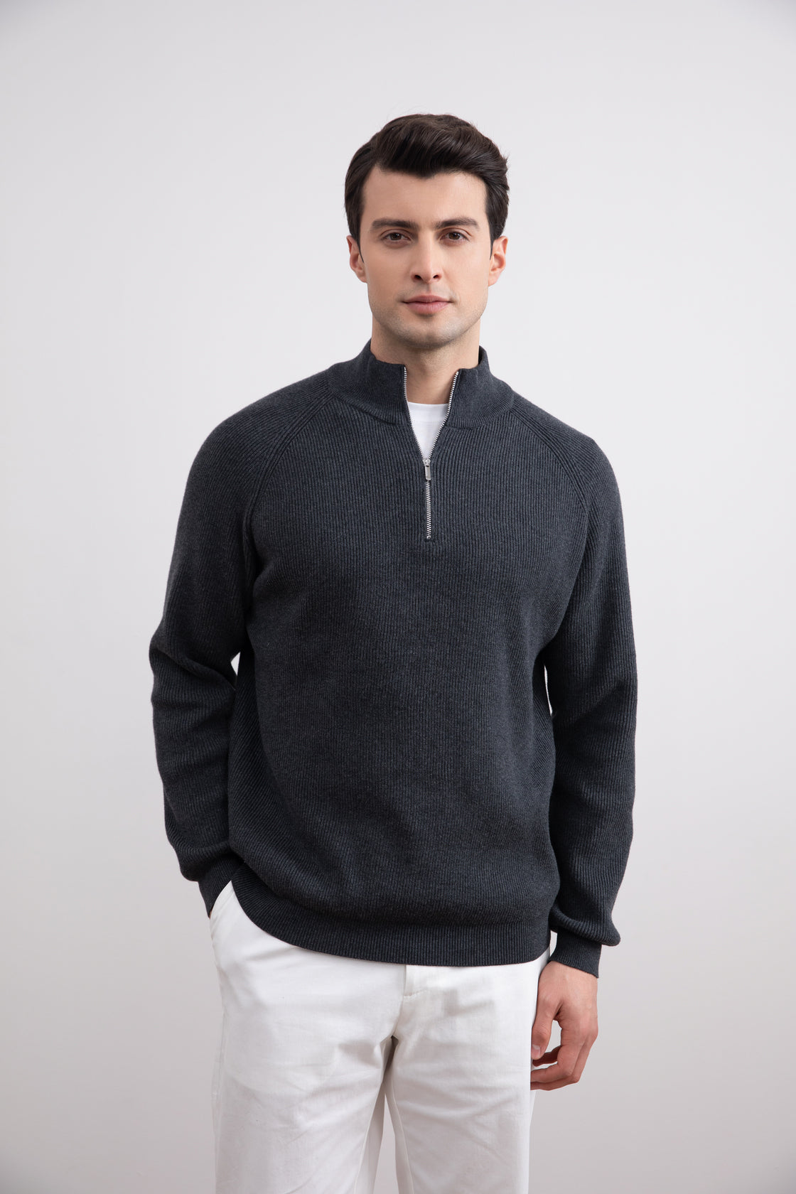 Charcoal Engels Ribbed Turtleneck Sweater with Half Zip