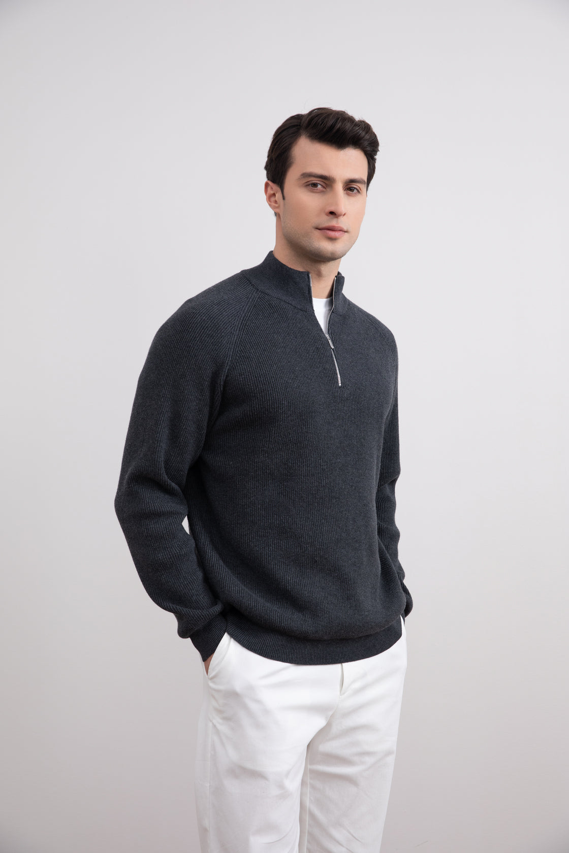 Charcoal Engels Ribbed Turtleneck Sweater with Half Zip