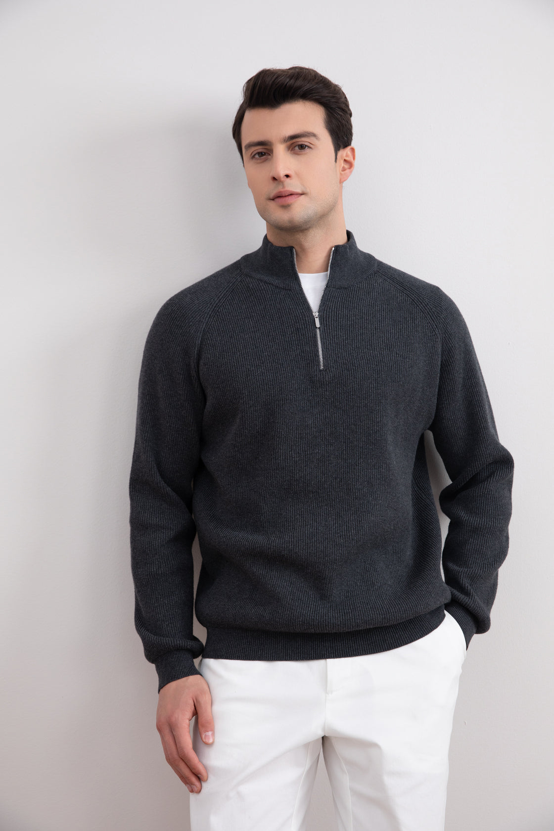 Charcoal Engels Ribbed Turtleneck Sweater with Half Zip