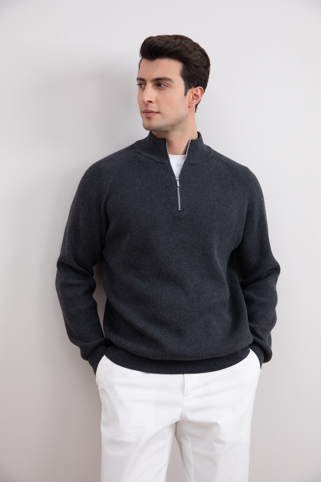 Charcoal Engels Ribbed Turtleneck Sweater with Half Zip