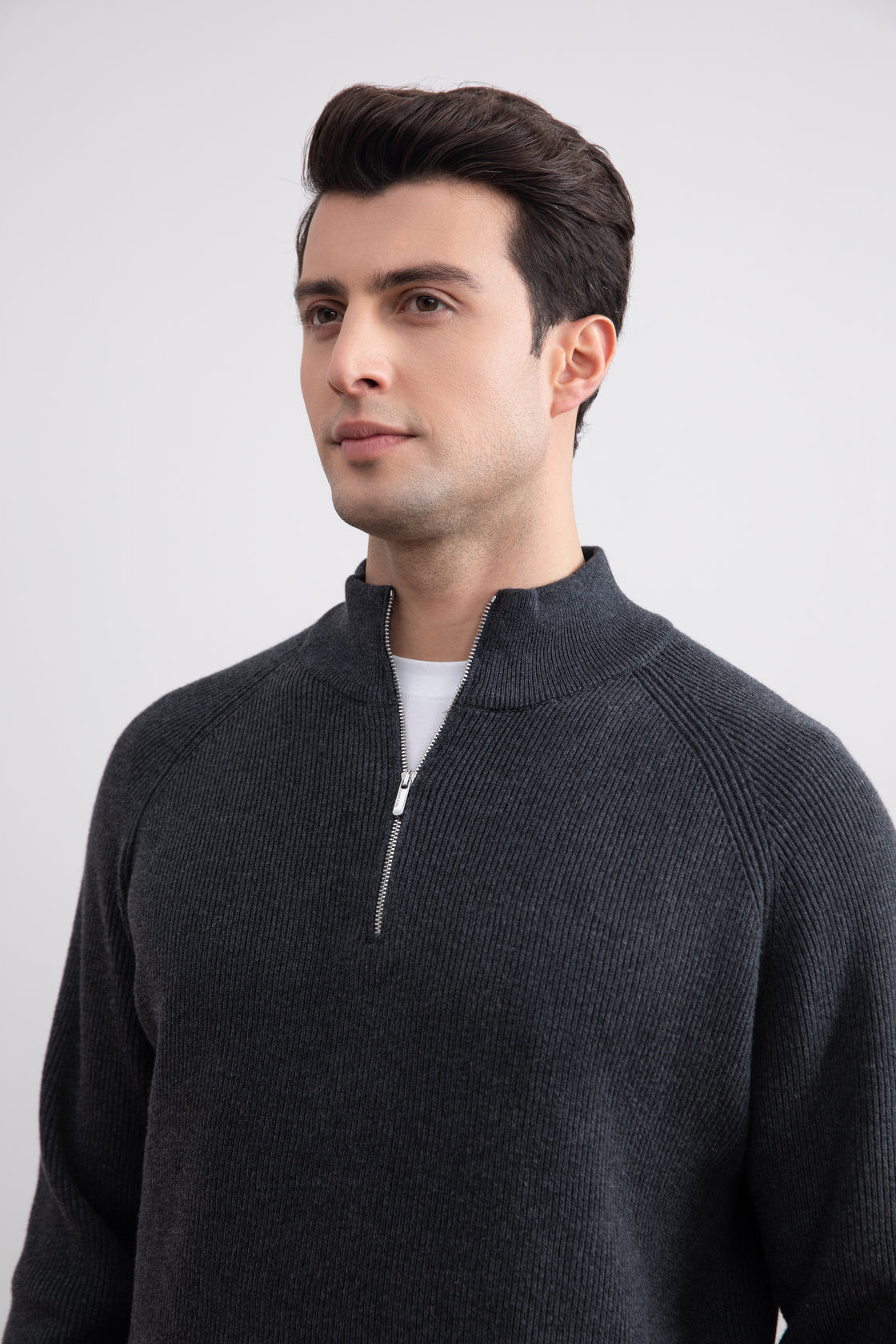 Charcoal Engels Ribbed Turtleneck Sweater with Half Zip