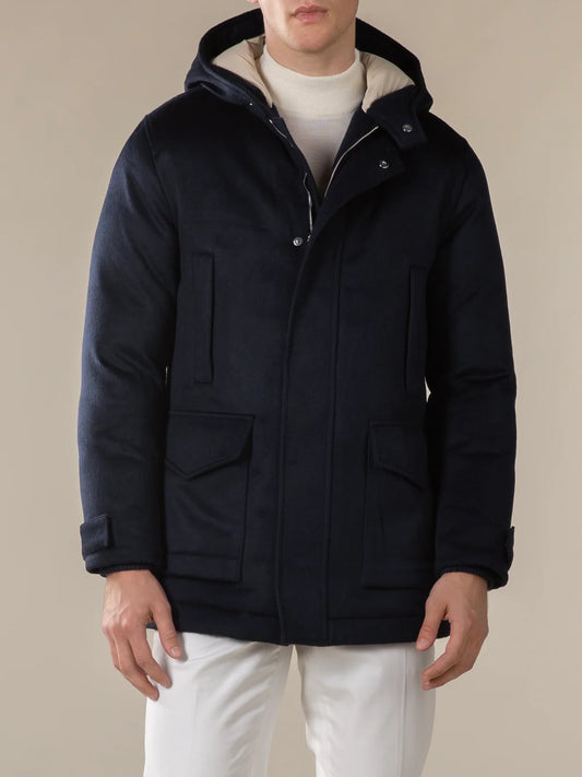 Men's Dark Blue Winter Jacket | Quilted Hood | Stylish & Warm