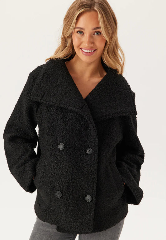 Dames Jas | Zwarte Teddy Coat | Dubbelrijige Knopen | Warme Winterjas