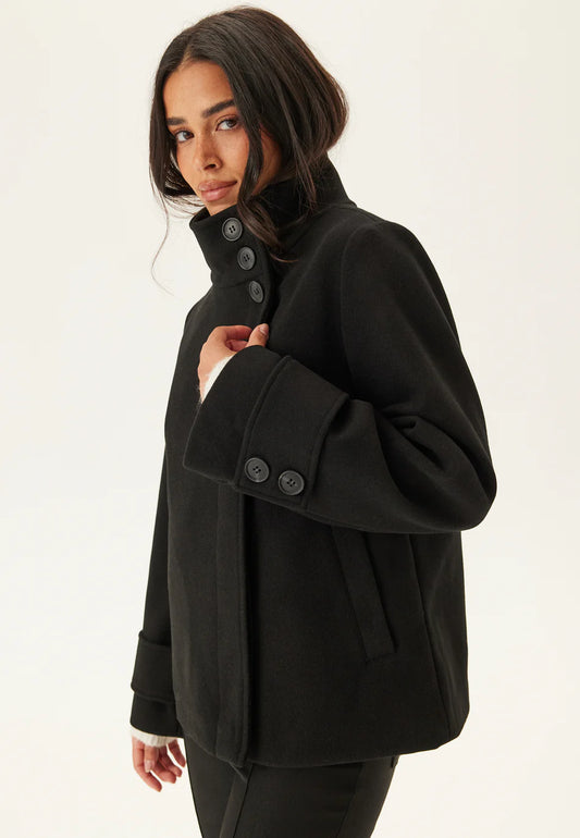 Dames Jas | Zwarte Wolmix | Hoge Kraag met Knopen | Elegante Winterjas