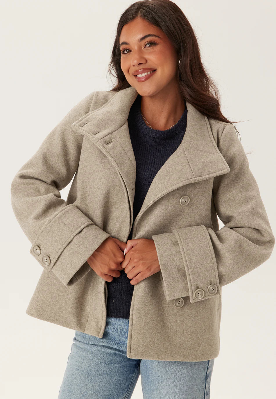 Dames Jas | Grijs | Wolmix | Hoge Kraag met Knopen | Elegante Winterjas