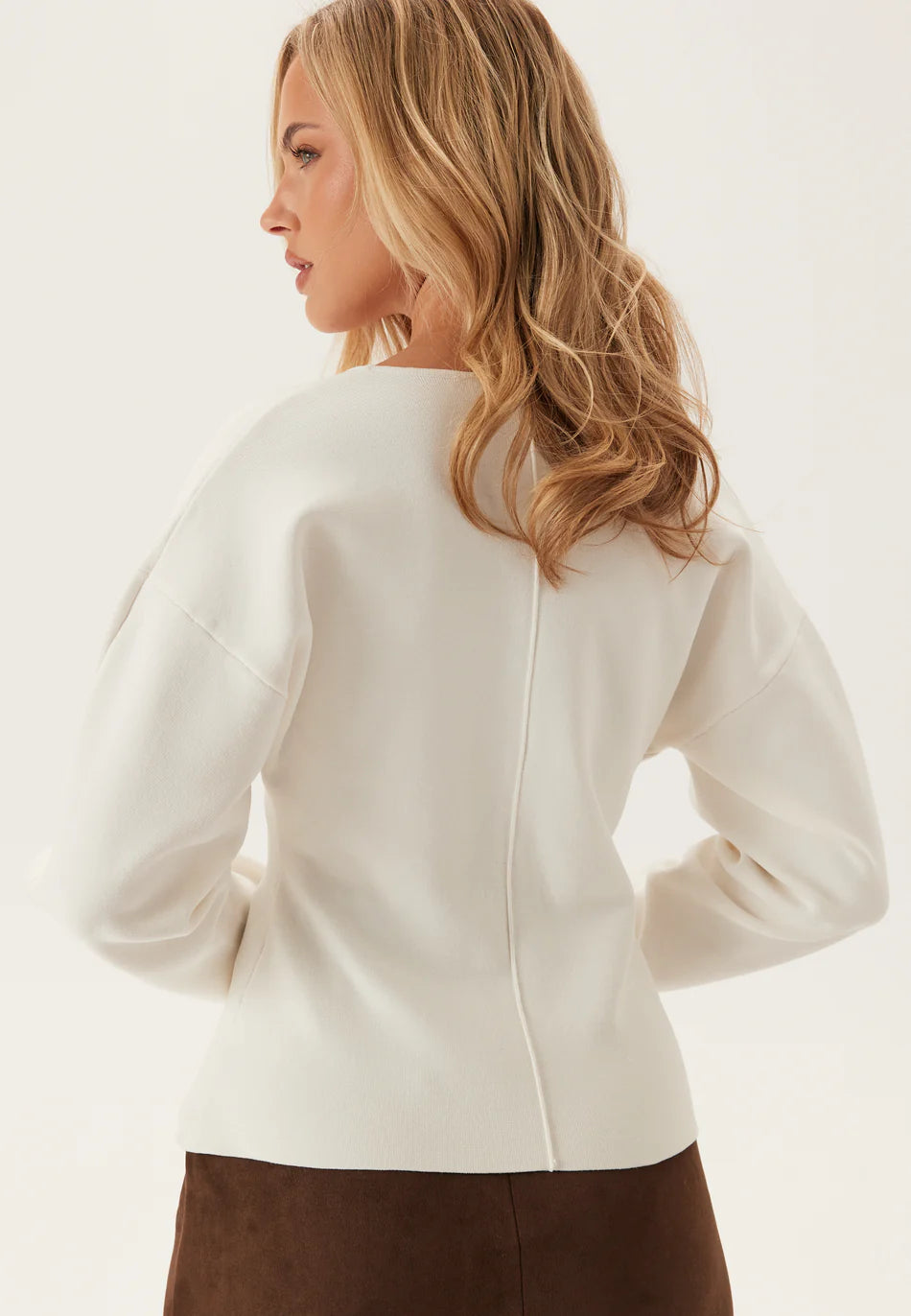 Witte Scuba Top | V-Hals Blouse van Polyester Blend | Lange Mouwen Dames