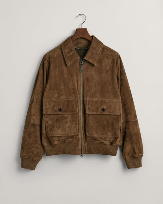 Men's Suede Jacket | Brown Bomber Jacket with Zip & Pockets | Leather Look