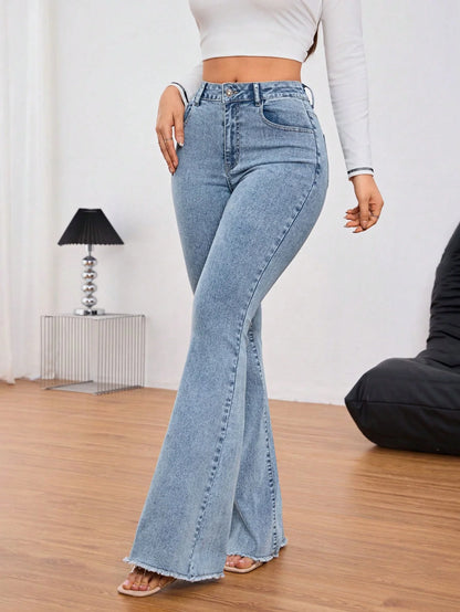 Dames Jeans Lichtblauw | Slim Fit | Flared Pijpen | Hoge Taille