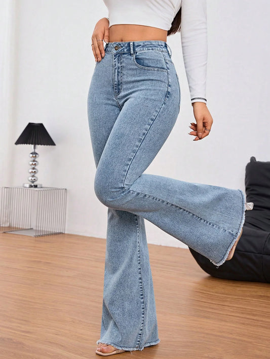 Dames Jeans Lichtblauw | Slim Fit | Flared Pijpen | Hoge Taille