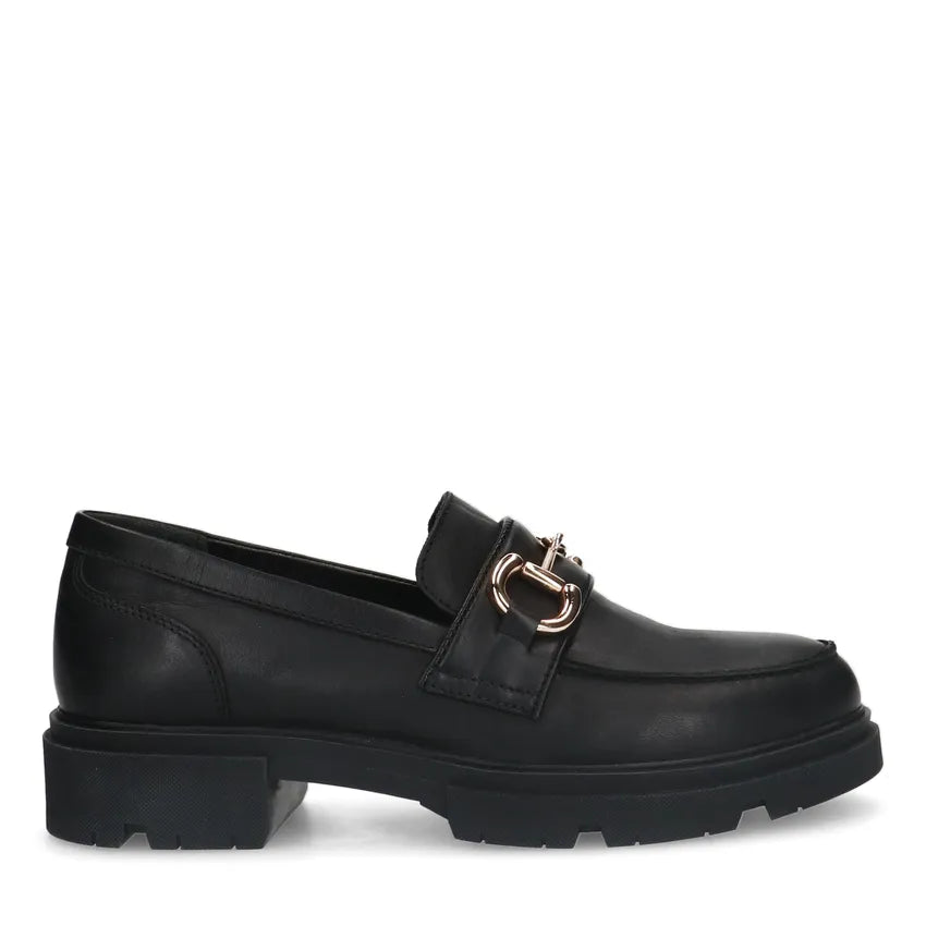 Dames Loafers Zwart Leer | Chunky Zool | Gouden Detail