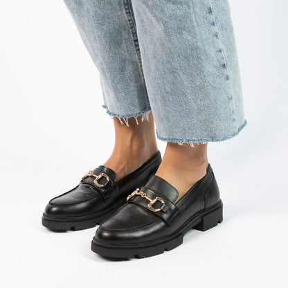 Dames Loafers Zwart Leer | Chunky Zool | Gouden Detail