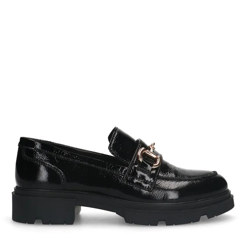 Dames Loafers Zwart Lak | Chunky Zool | Gouden Detail