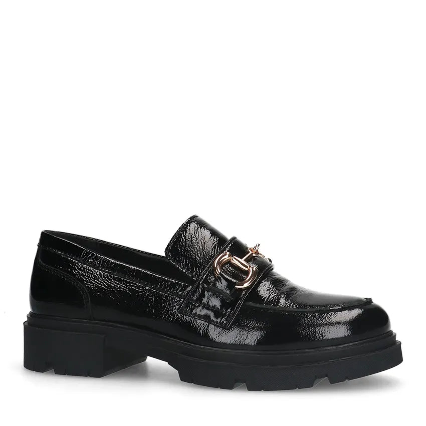 Dames Loafers Zwart Lak | Chunky Zool | Gouden Detail