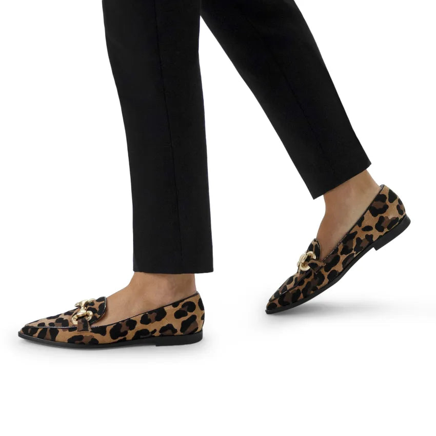 Dames Loafers | Donkere Luipaardprint | Instappers met Goudkleurige Ketting