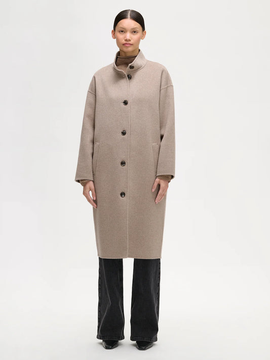 Dames Mantel Beige | Hoge Kraag | Enkelrij Knopen | Winterjas