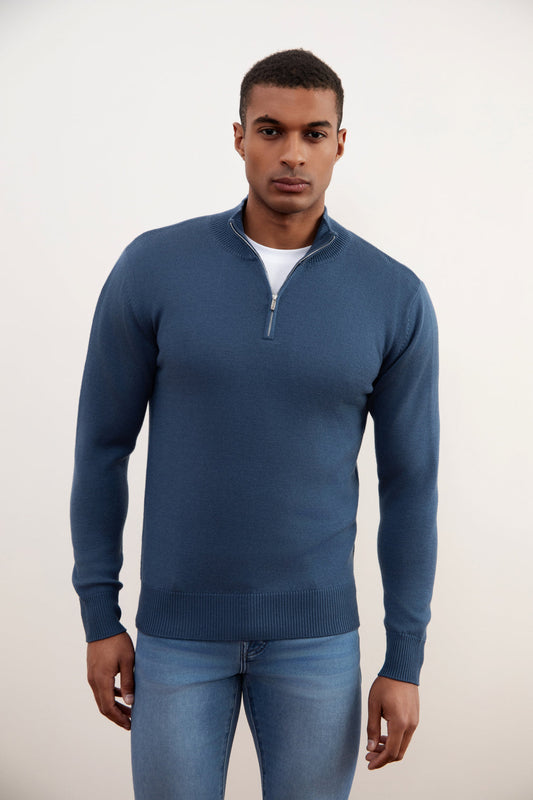 Blauwe Merino Wol Trui met Halve Rits