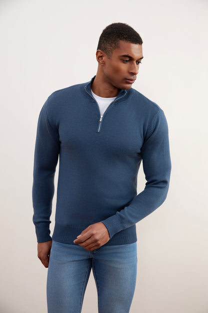 Blauwe Merino Wol Trui met Halve Rits