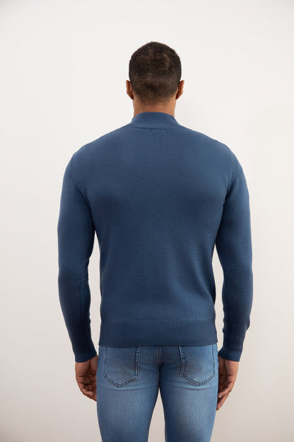 Blauwe Merino Wol Trui met Halve Rits