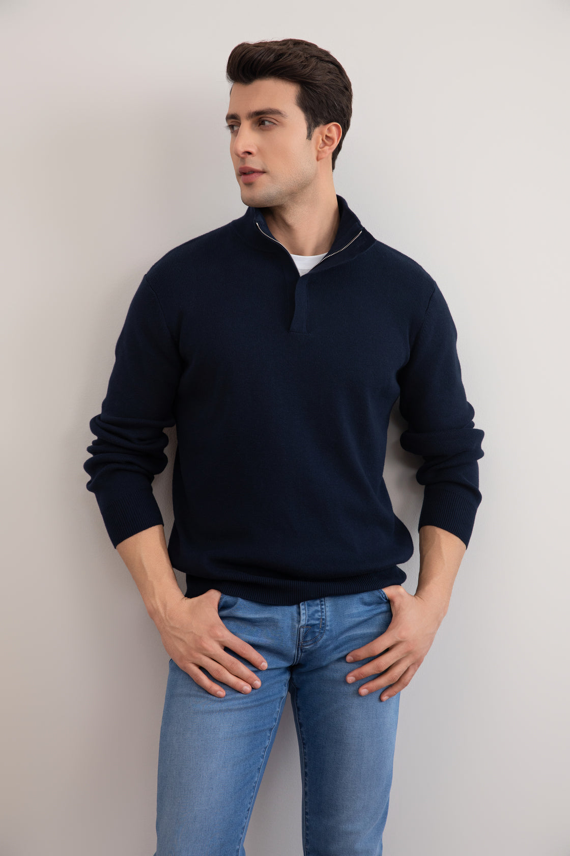 Halve zip donkerblauwe trui