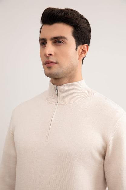 Beige Merino Wol Trui met Halve Rits