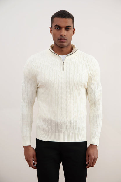 Off-White Gebreide Kabeltrui met Halve Rits