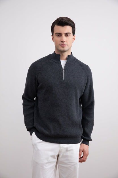 Charcoal Engels Ribbed Turtleneck Sweater with Half Zip