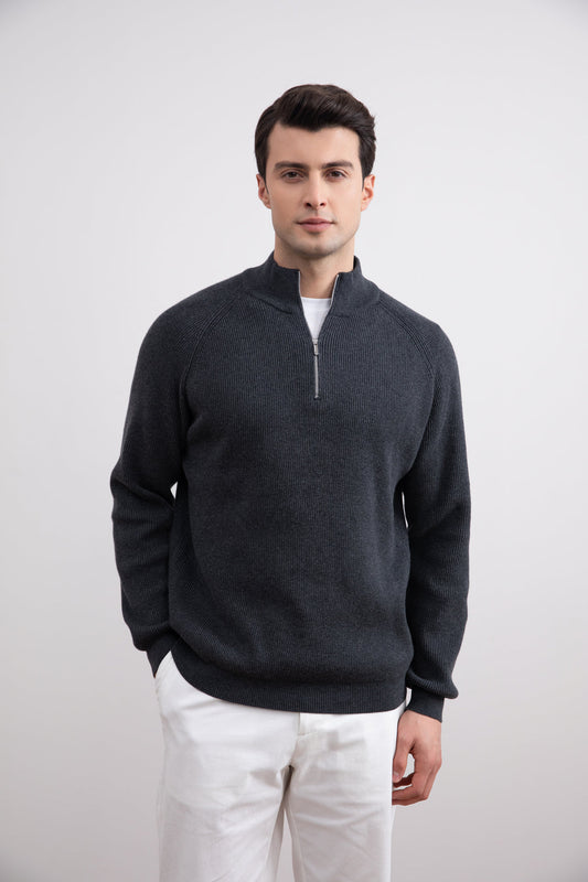 Charcoal Engels Ribbed Turtleneck Sweater with Half Zip