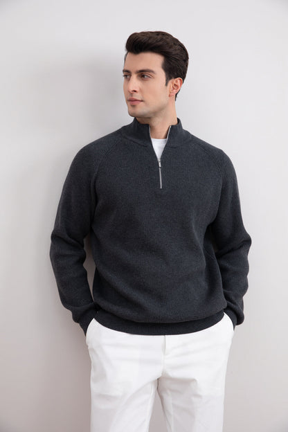 Charcoal Engels Ribbed Turtleneck Sweater with Half Zip