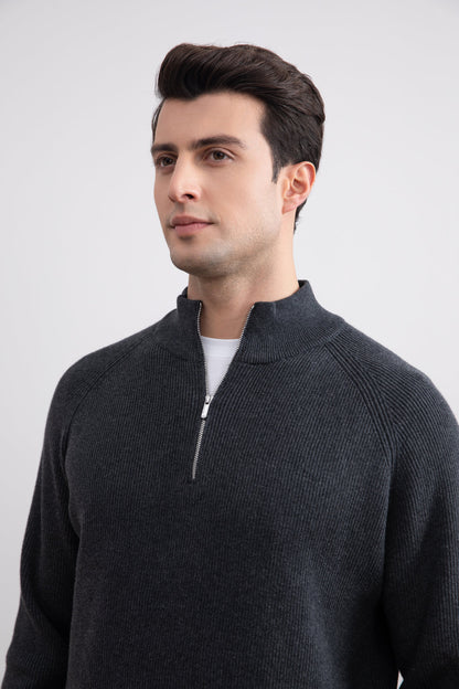 Charcoal Engels Ribbed Turtleneck Sweater with Half Zip