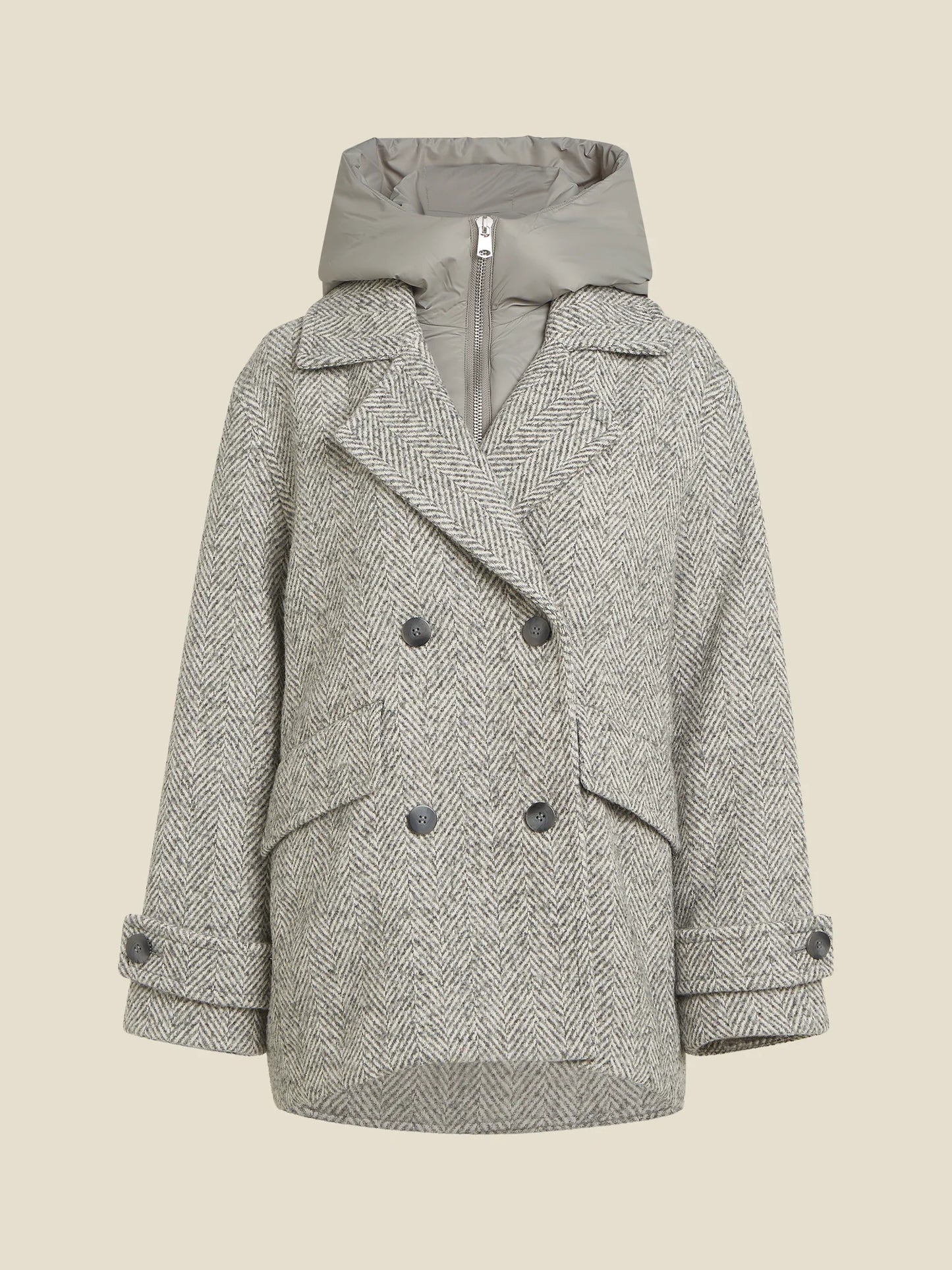 Dames Jas Grijs | Dubbele Knoop | Visgraat Patroon | Winterjas
