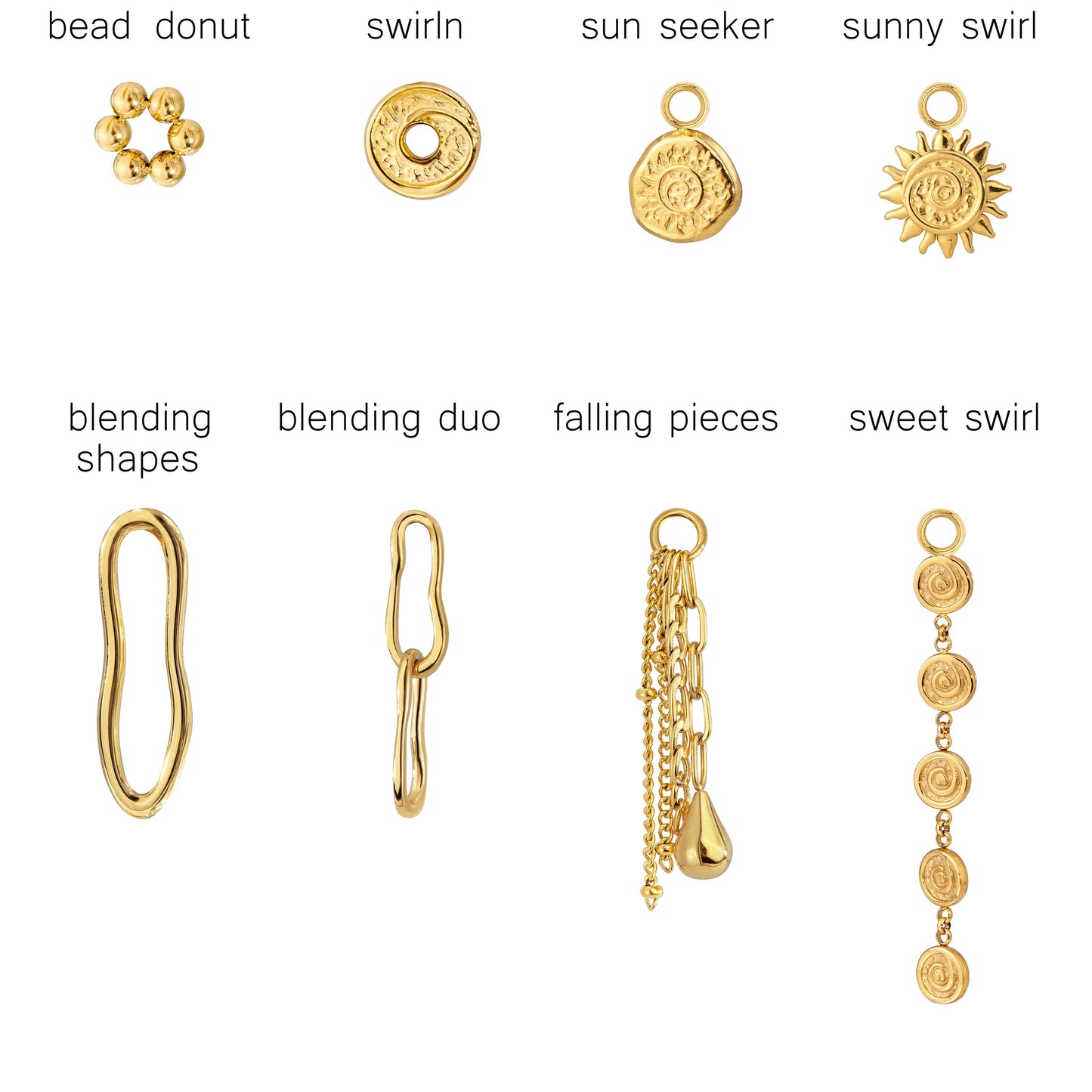 Afbeelding van een reeks gouden hangers die deel uitmaken van de Aventra Hoop Set Functie, met diverse stijlen zoals de zon, swirl en nog veel meer, die veelzijdige en speelse opties bieden voor het personaliseren van je hoepel oorbellen.