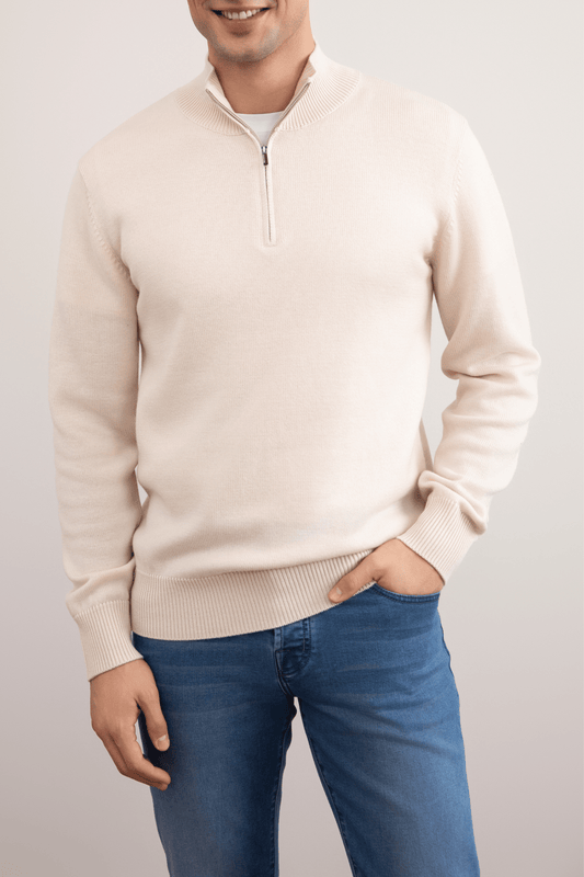 Beige Merino Wol Trui met Halve Rits