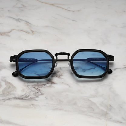Lex Blue | Geometrische zonnebril | Zwart montuur & blauwe glazen
