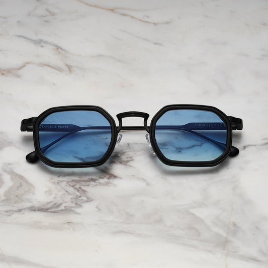 Lex Blue | Geometrische zonnebril | Zwart montuur & blauwe glazen