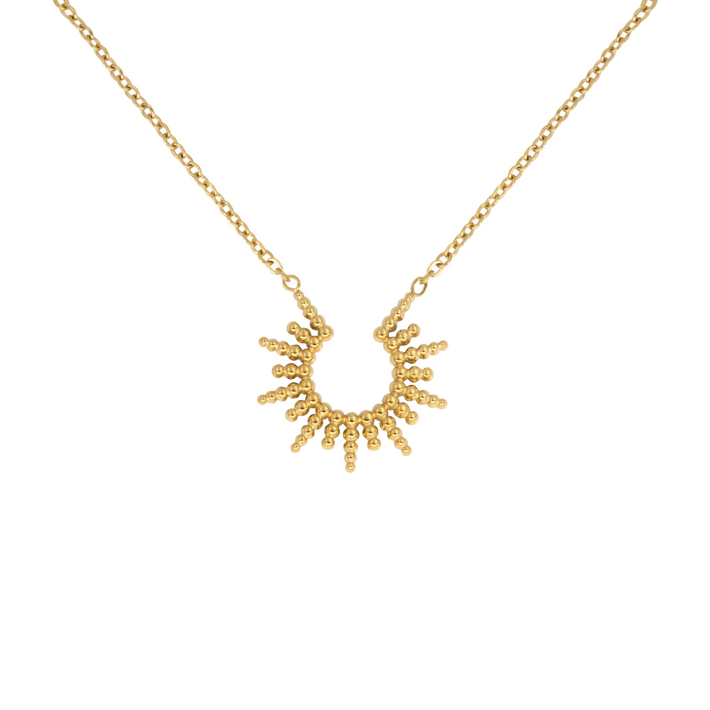 Minimalistische gouden Feel Grace ketting met een uniek zonvormig ontwerp. Deze verfijnde ketting straalt elegantie uit en is perfect als statement sieraad of in combinatie met andere kettingen. Een tijdloos accessoire voor elke gelegenheid.