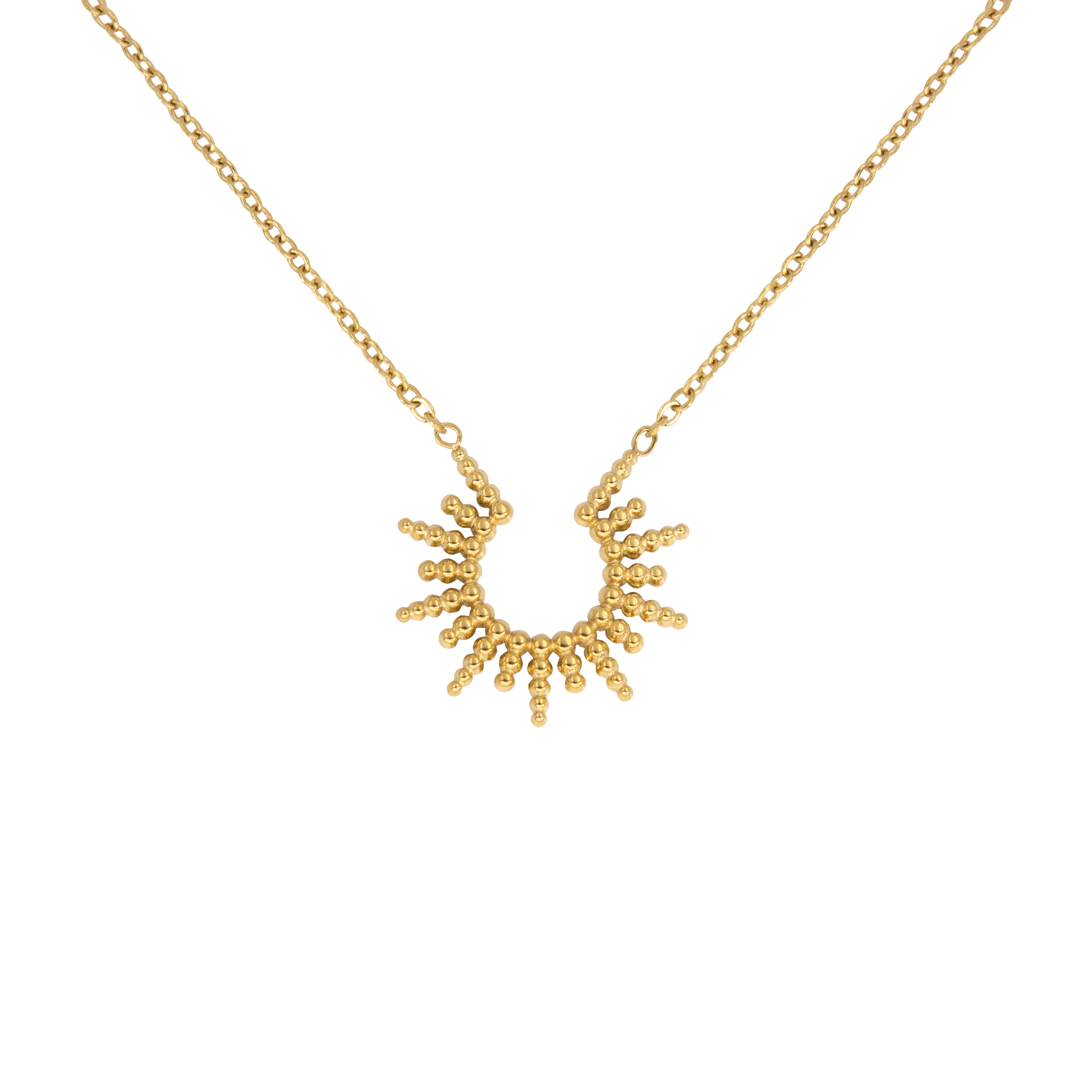 Minimalistische gouden Feel Grace ketting met een uniek zonvormig ontwerp. Deze verfijnde ketting straalt elegantie uit en is perfect als statement sieraad of in combinatie met andere kettingen. Een tijdloos accessoire voor elke gelegenheid.