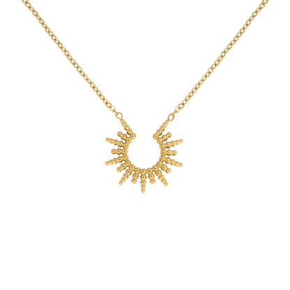 Minimalistische gouden Feel Grace ketting met een uniek zonvormig ontwerp. Deze verfijnde ketting straalt elegantie uit en is perfect als statement sieraad of in combinatie met andere kettingen. Een tijdloos accessoire voor elke gelegenheid.