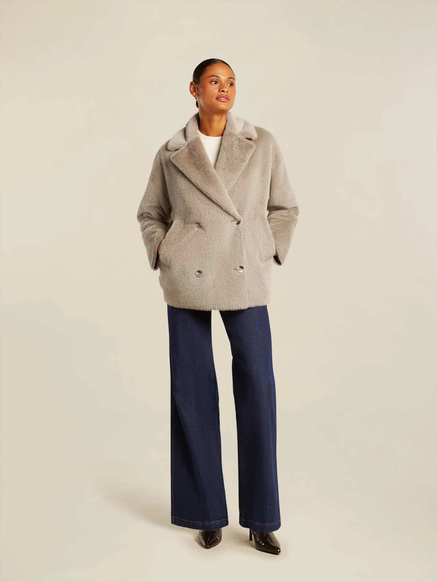 Dames Winterjas Lichtgrijs | Faux Fur | Dubbele Knopen | Elegant & Warm
